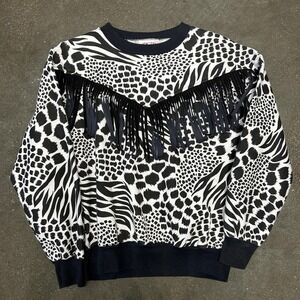 Vintage Sky Lite Sweatshirt Womens Medium Black White Animal Print Fringe 80s